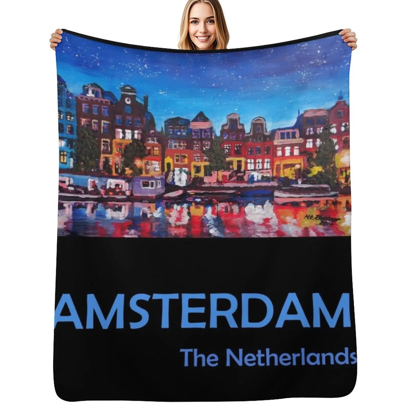Retro Travel Poster Amsterdam Netherlands Throw Blanket Warm Comfortable Blanket for Office Napping