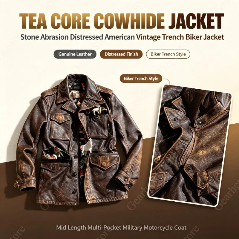 Men American Retro Tea Core Cowhide Stone Abrasion Washed Distressed Mid Length Trench Genuine Leather Motorcycle Biker Jacket