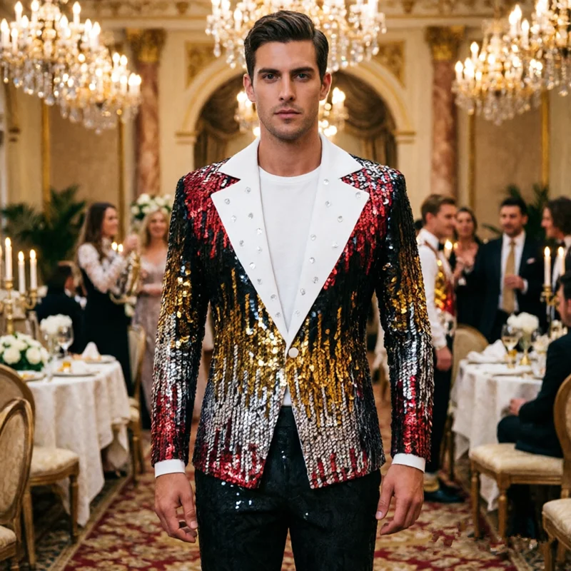 (Jacket + pant ) Fashion Singer Host Stage Performance Sequins Suits 2026 New Men Bar KTV Wedding Luxury Splice Dress Set