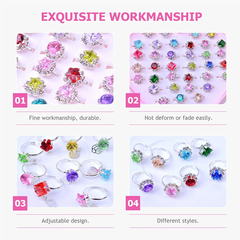 36 Pcs Childrens Jewelry for Girls Ring Rings Adjustable Finger Cute Lovely Pink Plastic