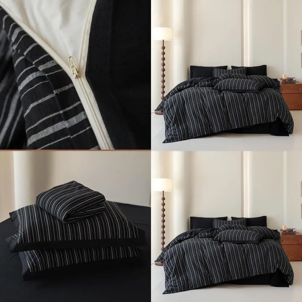 

Комплект пододеяльников Queen Size из 100% хлопка в тонкую полоску с 1 чехлом в черную полоску и 2 белыми наволочками