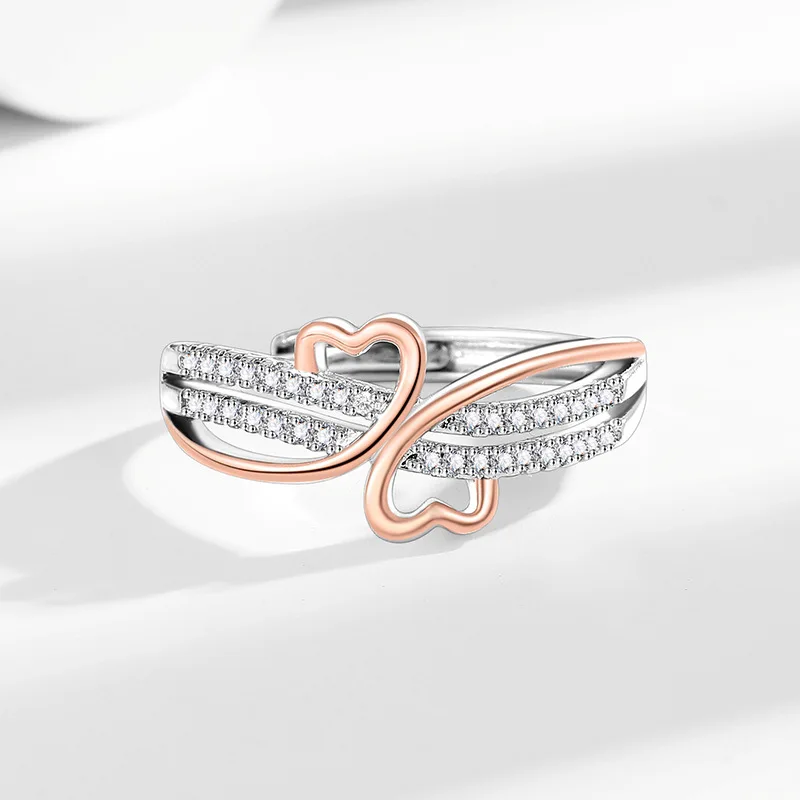 New cross-border two-tone heart ring for women, inlaid with zircon, light luxury niche design, simple heart-shaped ring jewelry