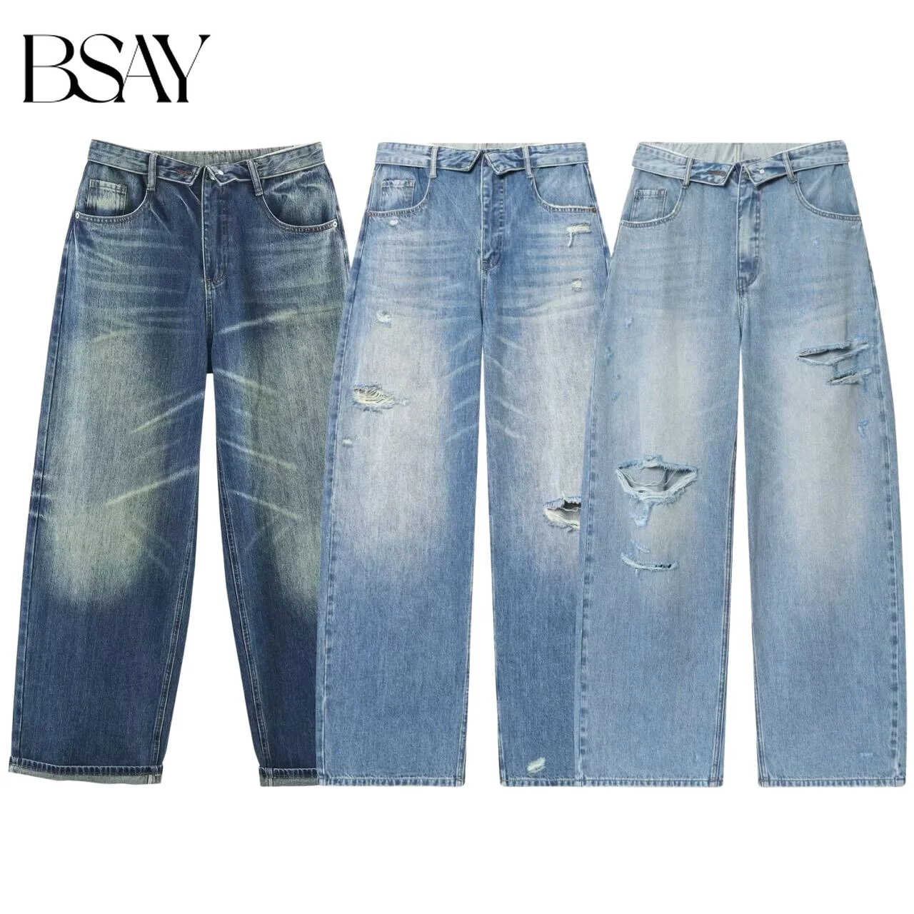 

BSAY New Women Mid Waist Ripped Distressed Wide Leg Jeans Vintage Washed Loose Denim Pants Casual Streetwear Baggy Trousers