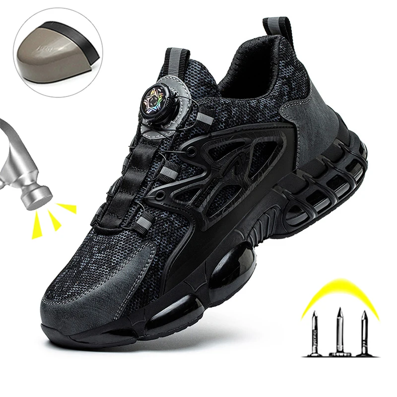 

Indestructible Steel Toe Safety Shoes Man Puncture Resistant Steel ToeWork Shoes Rotating Button Protective Safety Shoes Black