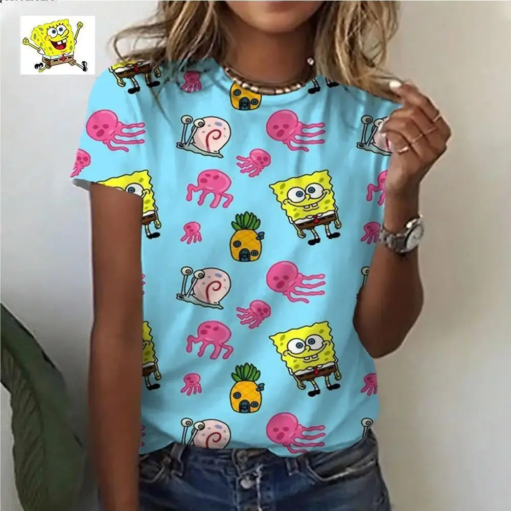 New 3D printing Disney Spongebob cute ladies T-shirt with round neck and short sleeves fashion street trend retro boutique blous