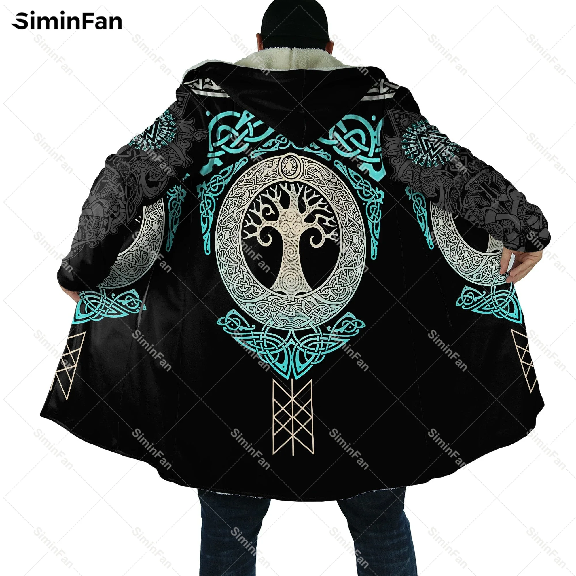 Viking 3D All Over Printed Winter Hooded Cloak Mens Fleece Cape Robe Overcoat Unisex Windproof Windbreaker Female Wind Coat