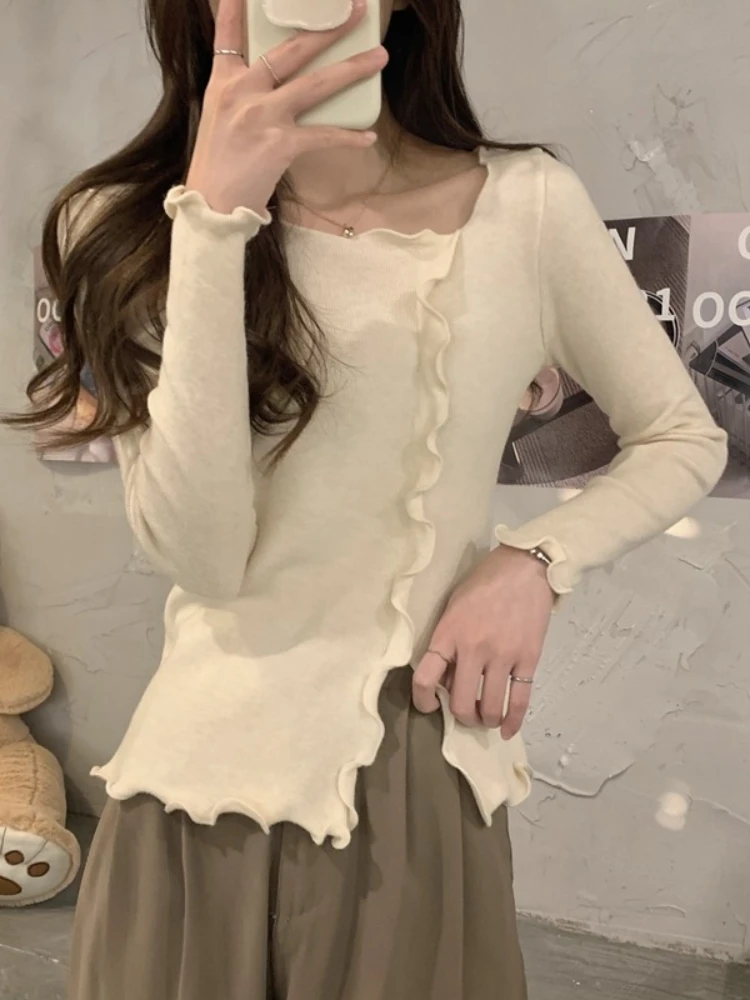 2026 Autumn Winter Petite Ruffle Trim Knit Women Sweater Inner Knit Base Top Unique Design Side‑Slit Long Sleeve Pullover