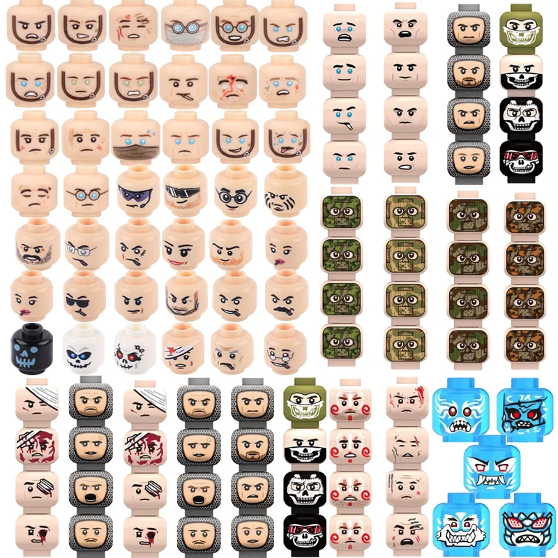 MOC City Accessoires d'expressions faciales pour figurines de soldats militaires, incluant des têtes, lunettes et squelettes, en blocs de construction jouets