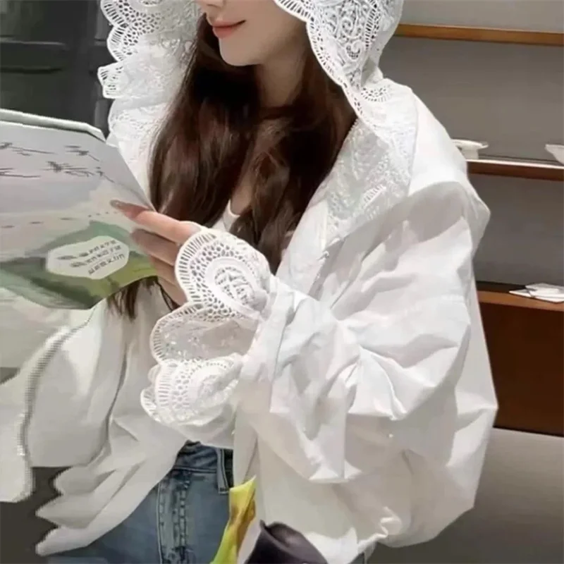 Spitze Sonnenschutz Jacke frauen Frühjahr/Sommer 2026New Spleißen Sonnenschutz Kleidung Mantel Weibliche Mode Mit Kapuze Outwear Flut top