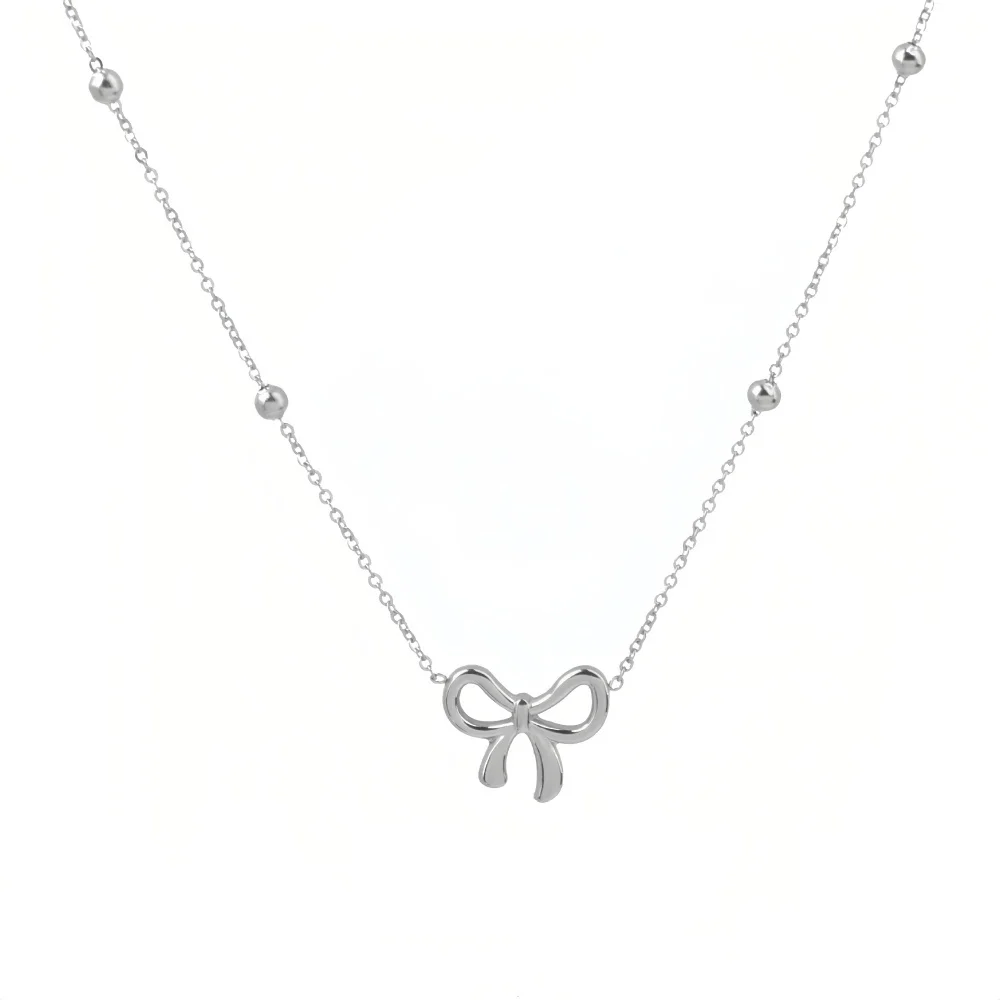 Edelstahl-Schleifenanhänger-Halskette, einfache Perlenkette, Schlüsselbeinkette für Damen, modischer Schmuck, Geschenk-Accessoires – Detail 4