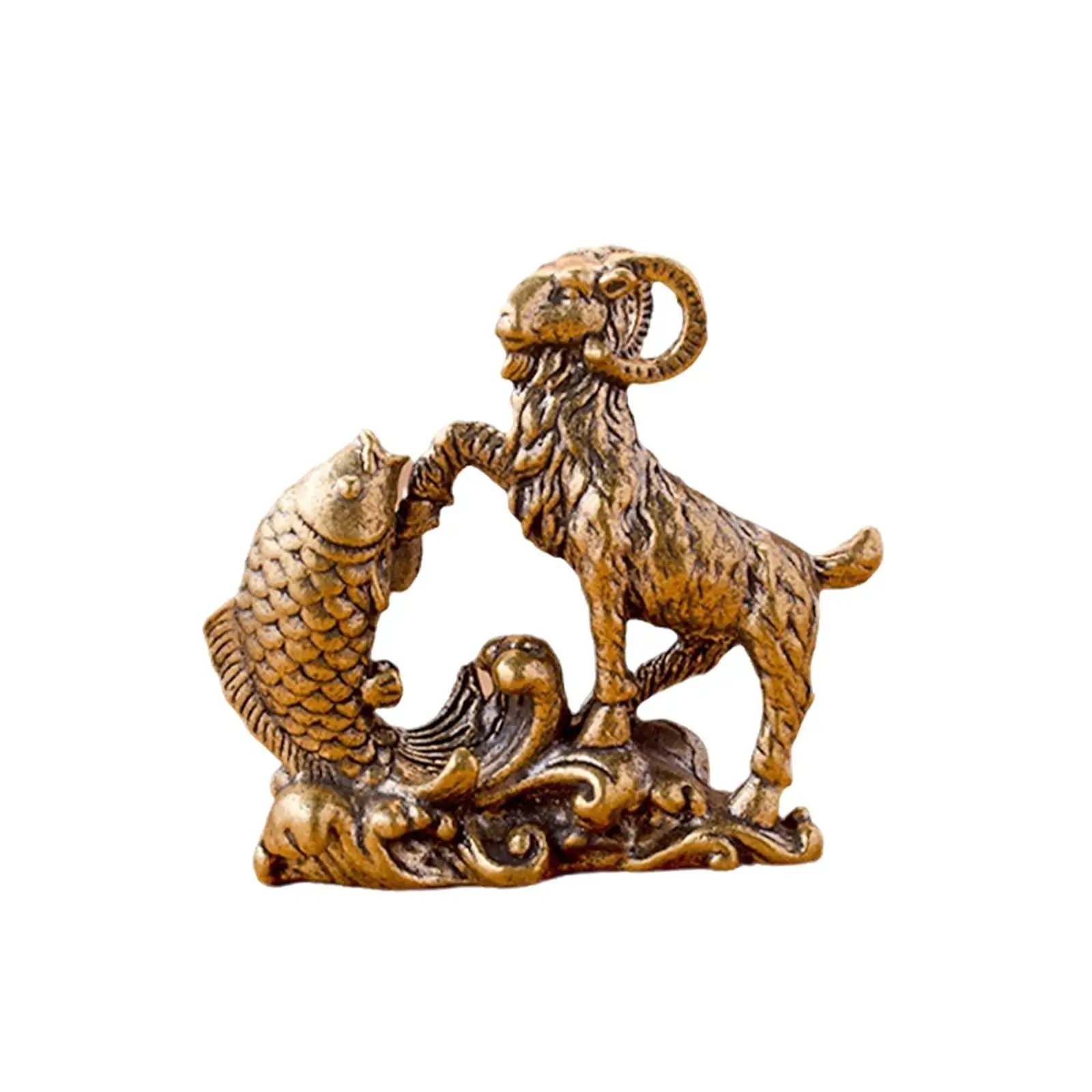 Goats and Carp Statue Brass Feng Shui Table Centerpiece Adornment Animal Figurine Crafts Desktop Figure for Desk Cabinet Study