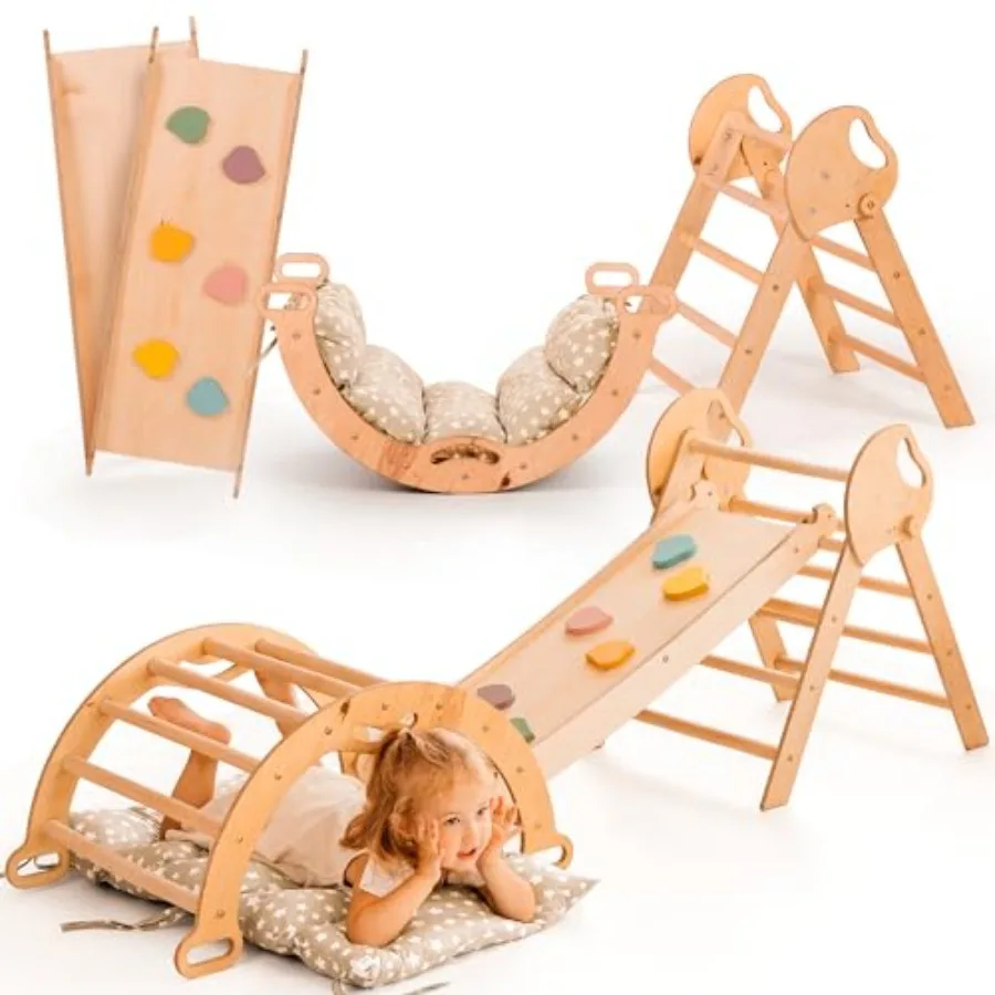 

Goodevas 5-in-1 Toddler Climbing Toys Indoor Set with Wooden Structure Natural Finish Foldable Design Montessori-Inspired Activ