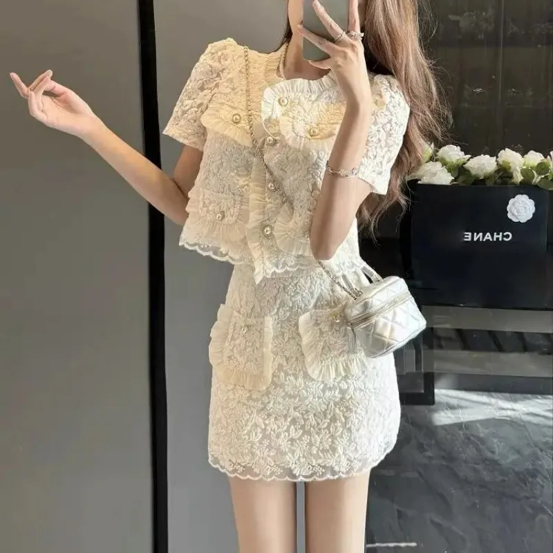 Woman Outfit Short Sleeve Lightly Cooked Kawaii 2 Pieces Sets for Women Skirt Chic and Elegant Vacation 2024 Jacket Co Ord Full