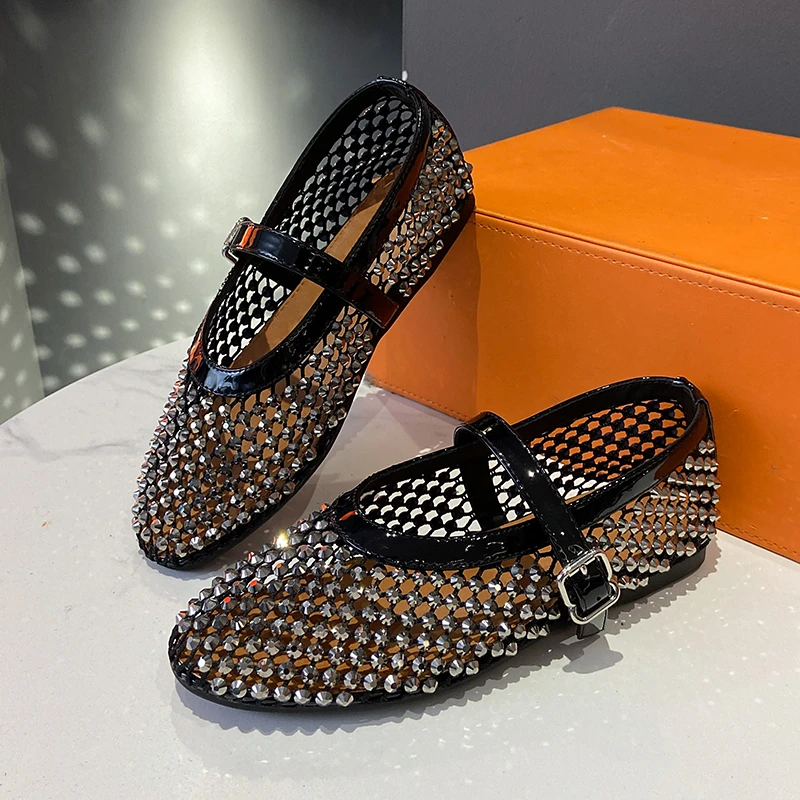 Luxury Crystal Rhinestone Fishnet Ballet Flats Woman Brand Design Rivet Studs Mesh Mary Jane Shoes Ladies Summer Cut Out Loafers