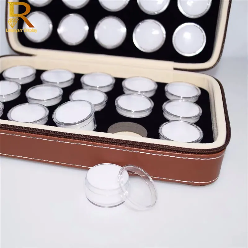 PU Zipper Diamond Jewelry Storage Box Brown Black Leatherette Case With 30 Pcs Round Stone Gem Box Gemstone Display Box