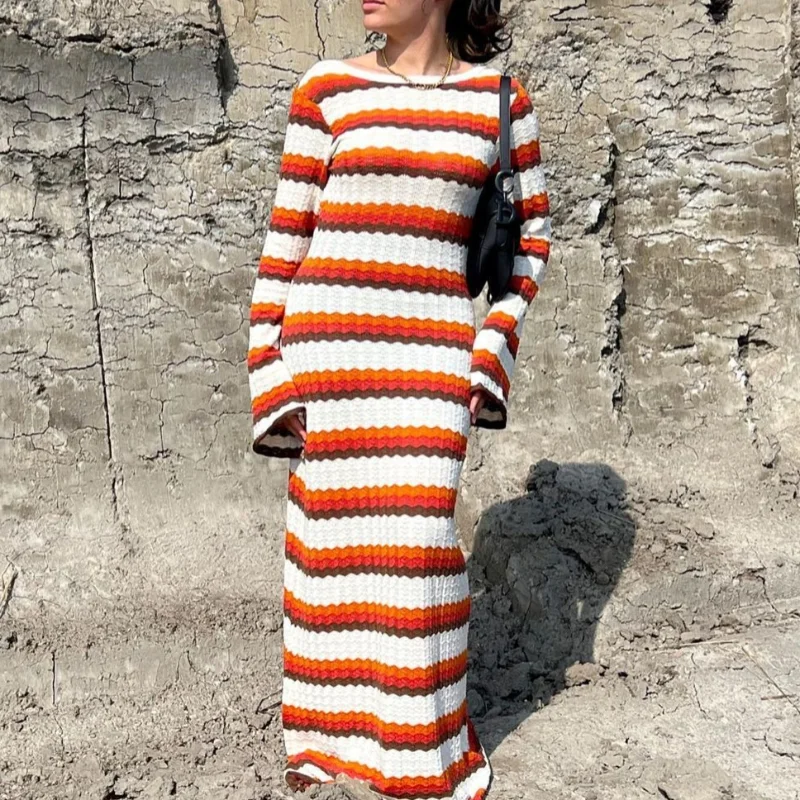 

Autumn Knitted Long Striped Dresses Colorblock Sweater Flared Sleeves Crochet Maxi Dress Casual 2024 Warm Winter Outfits Women