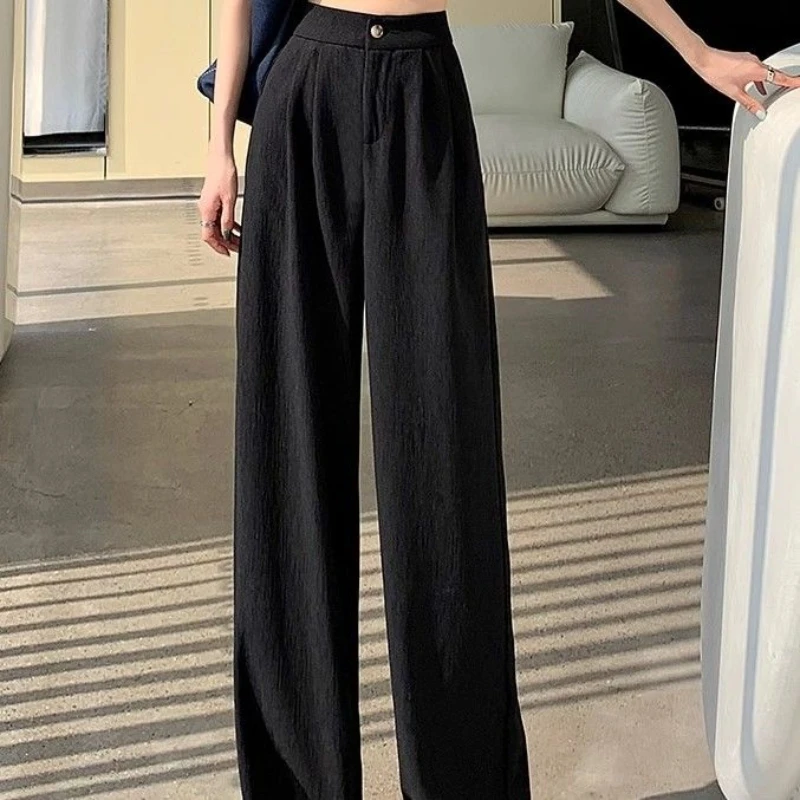 2024 New Summer Korean Commuter Casual Minimalist Polyester Wide Leg Pants Loose Solid Color High Waist Button Women's Pants