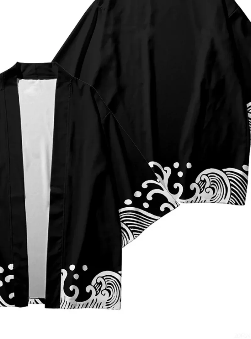 2025 الصيف نمط موجة مطبوعة كيمونو الرجال الياقة المفتوحة لعب الأدوار الشارع الشهير بلوزة سوداء