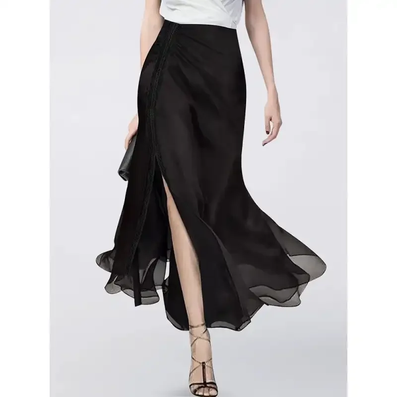 New Black Fashionable A-line Chiffon Skirt for Women in Summer High Waist Split, Floating Half Body Elegant Long Dress