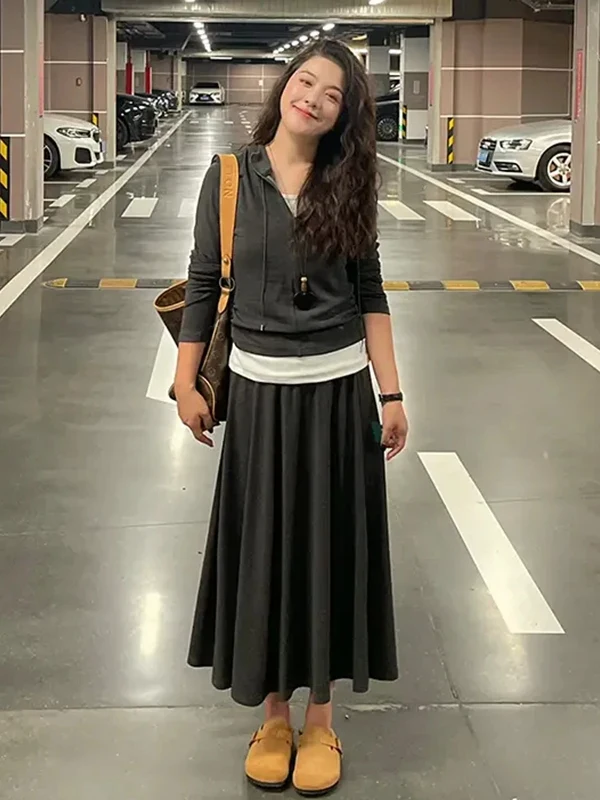 

plus Size Women's Color Block Hoodie Top And Skirt Set Slimming Concealing Spring Fashion Ensemble Casual Commute Style