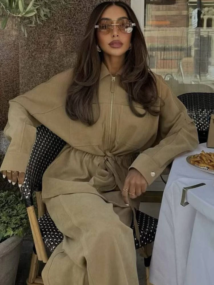 Cozy Solid Drawstring Coat Set Women Lapel Zipper Coats High-waisted Lace-up Pants Sets 2026 Spring Lady Commute Office Outfit
