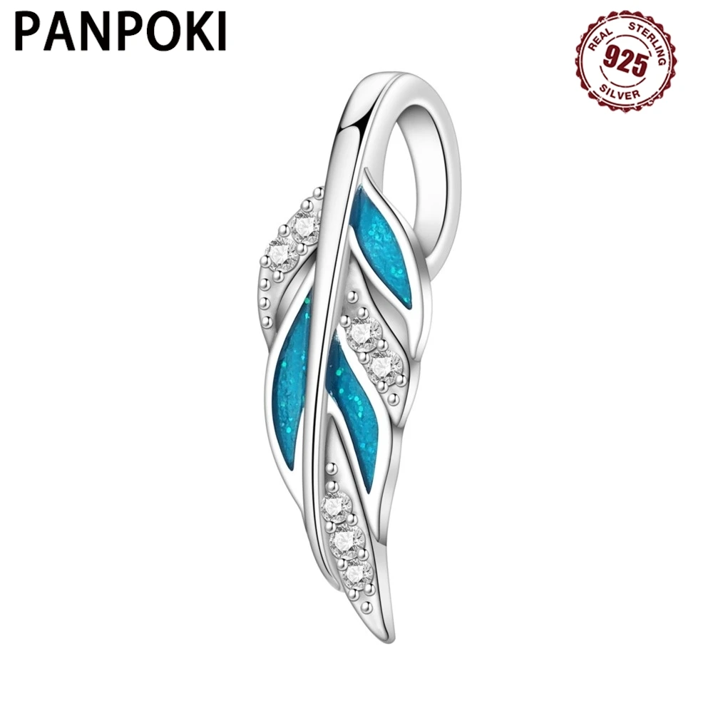 

PANPOKI 925 Sterling Silver Blue Feather Lucky Symbol Original Pendants Bracelet Charms Jewelry Party Beads DIY Trendy Gifts