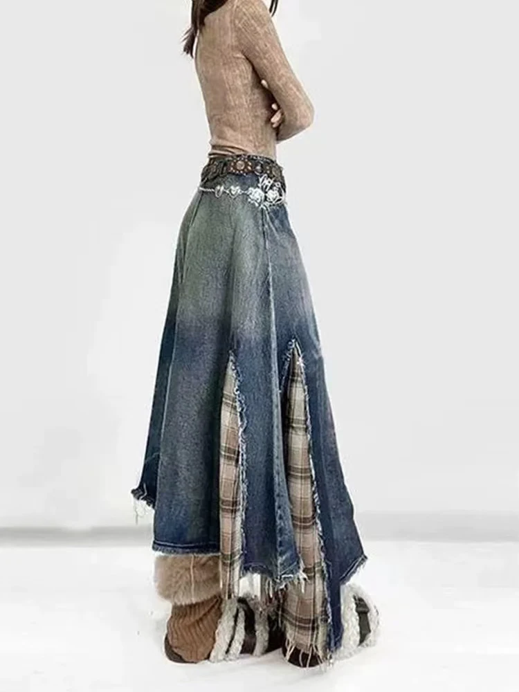 Vintage Plaid Patchwork Denim Midi Skirts Women Y2K Streetwear Irregular Tassel A Line Skirts High Waist All Match Jeans Skirts