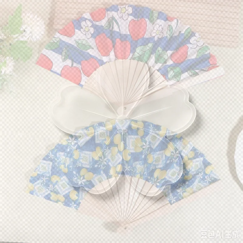 Cute Lemon Cherry Pattern Folding Hand Fan Wooden Handle Portable Summer Fan For Dance Activity Party Wedding Decoration