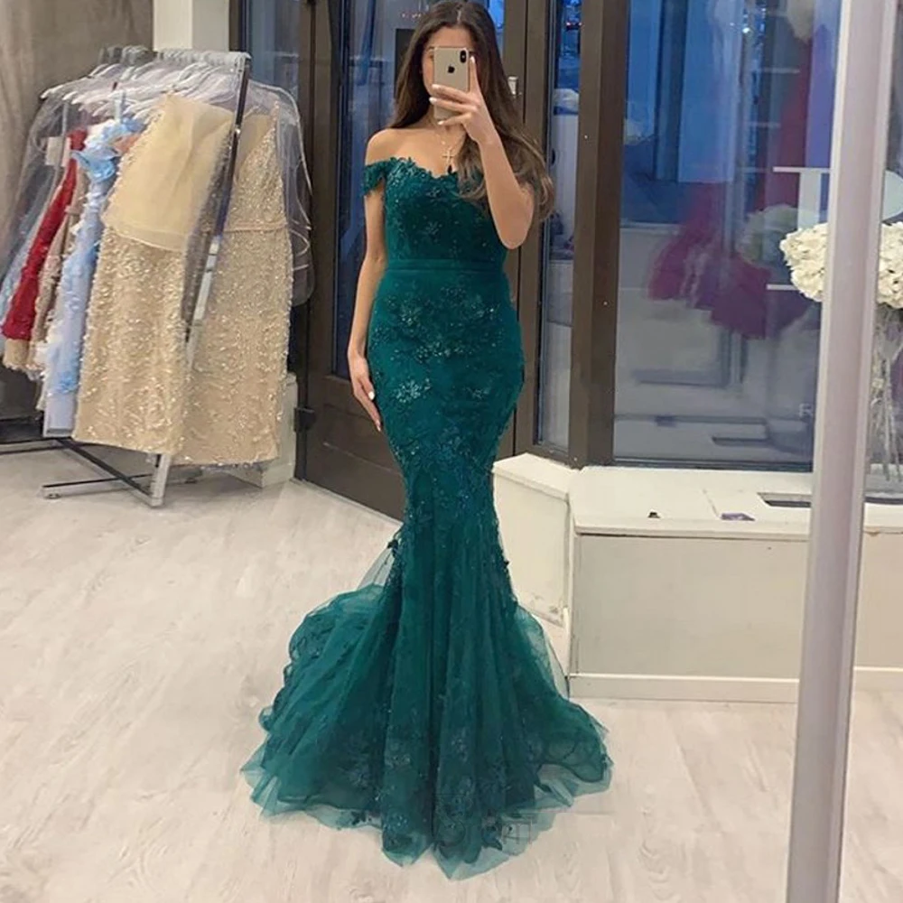 Bepeithy Green Mermaid Lace Avondjurk Party Elegant 2023 Off De Schouder Prom Gown Afneembare Trein 2 In 1 Lange jurk