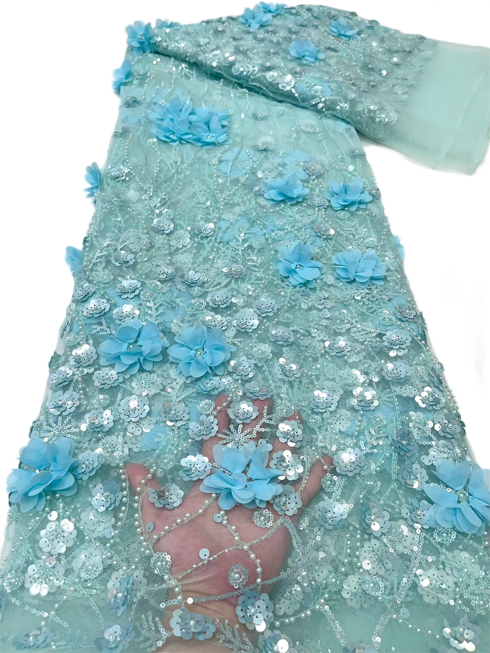 Green African Lace Fabric 2024 High Quality French 3D Big Flower Sequins Embroidery Beads Tulle Lace Fabric For Party Dress Sew