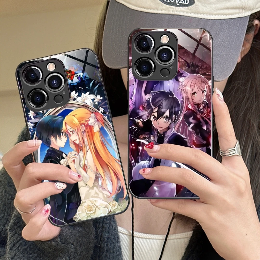 SAO Kirito Asuna Mobile Cell Phone Case for iPhone 15 14 13 12 11 X XR XS 8 Pro Max Plus Mini PC Glass Phone Cover Shell