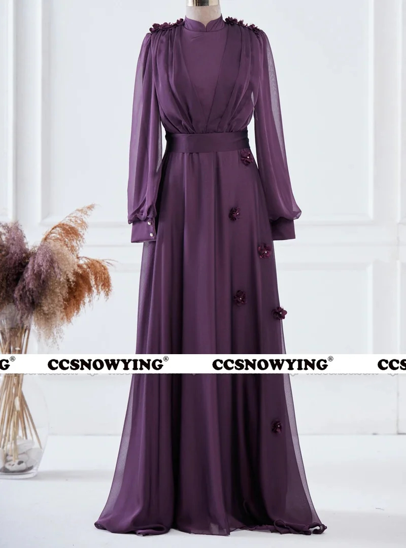 

Chiffon Appliques Hijab Evening Dresses Long Sleeve Islamic Formal Party Gown A Line Arabic Dubai Muslim Robe De Soiree