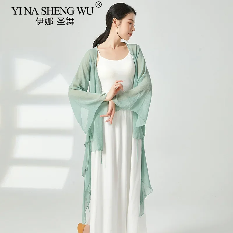 Top con maniche a tromba per danza classica Abiti da pratica Abiti da donna Top Camicia cardigan per spettacoli di danza cinese