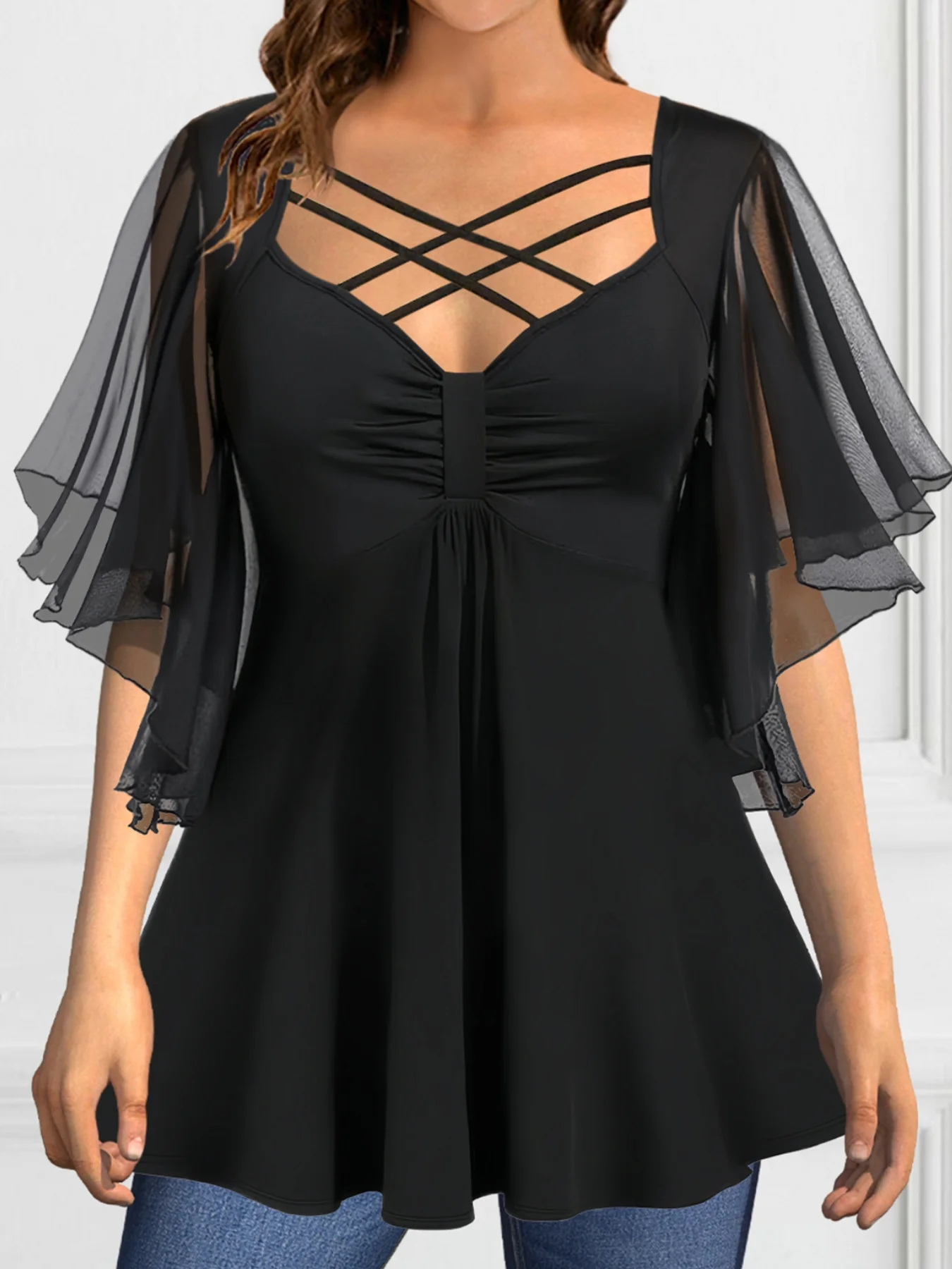 Blusas femininas plus size, tiras cruzadas, chiffon, manga borboleta, camisas e blusas para mulheres, manga curta, top franzido, verão