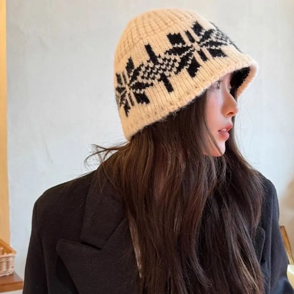 أزياء الجاكار الدافئة محبوك قبعة الصوف خمر ندفة الثلج بيني مطبوعة الرجعية الطباعة متماسكة قبعة الخريف #5