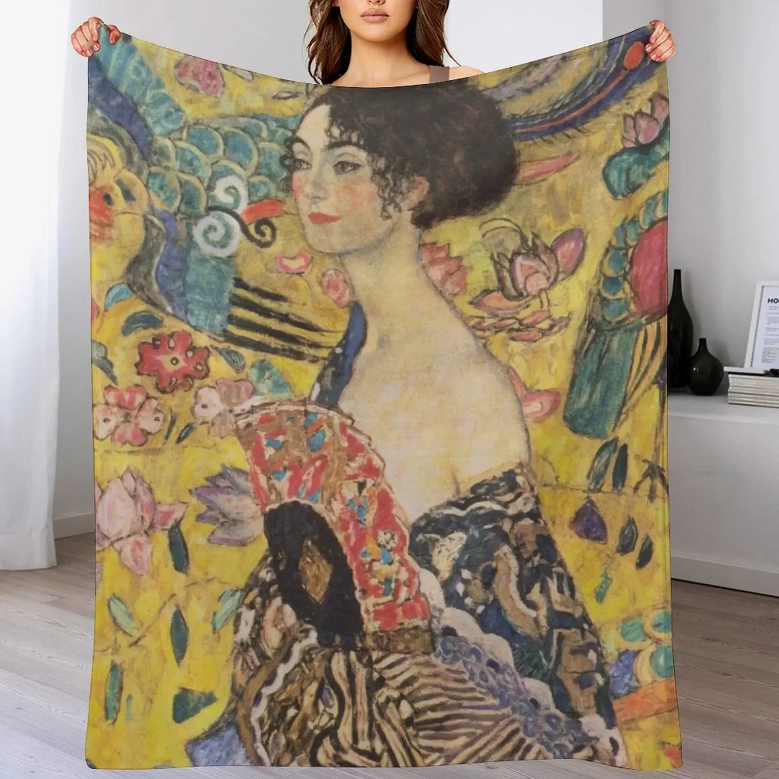 Lady with Fan by Gustav Klimt- Art Nouveau Symbolism Throw Blanket Beach Decorative Sofa Soft Big Blankets