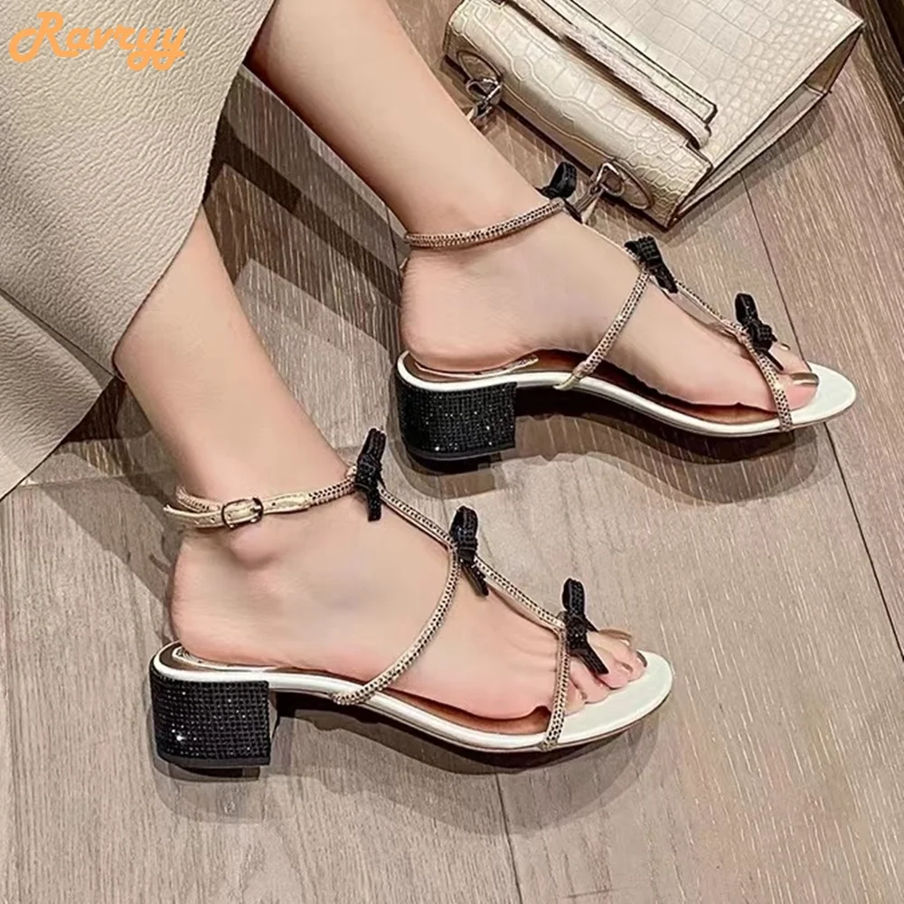 Crystal Bling Bling Bow Sandals Chunky Heel Ankle Strap High Heels Gold Silver Shiny Rhinestone Sandals Women Summer Luxury Shoe