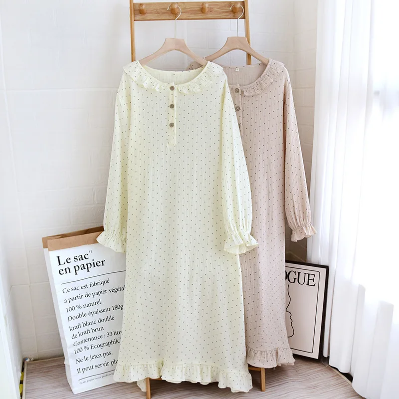 Muslin 100% Cotton Dresses Women Clothing Button Long Sleeve Round Neck Loose Boho Dress Streetwear Soft Cotton Robe Female 2024