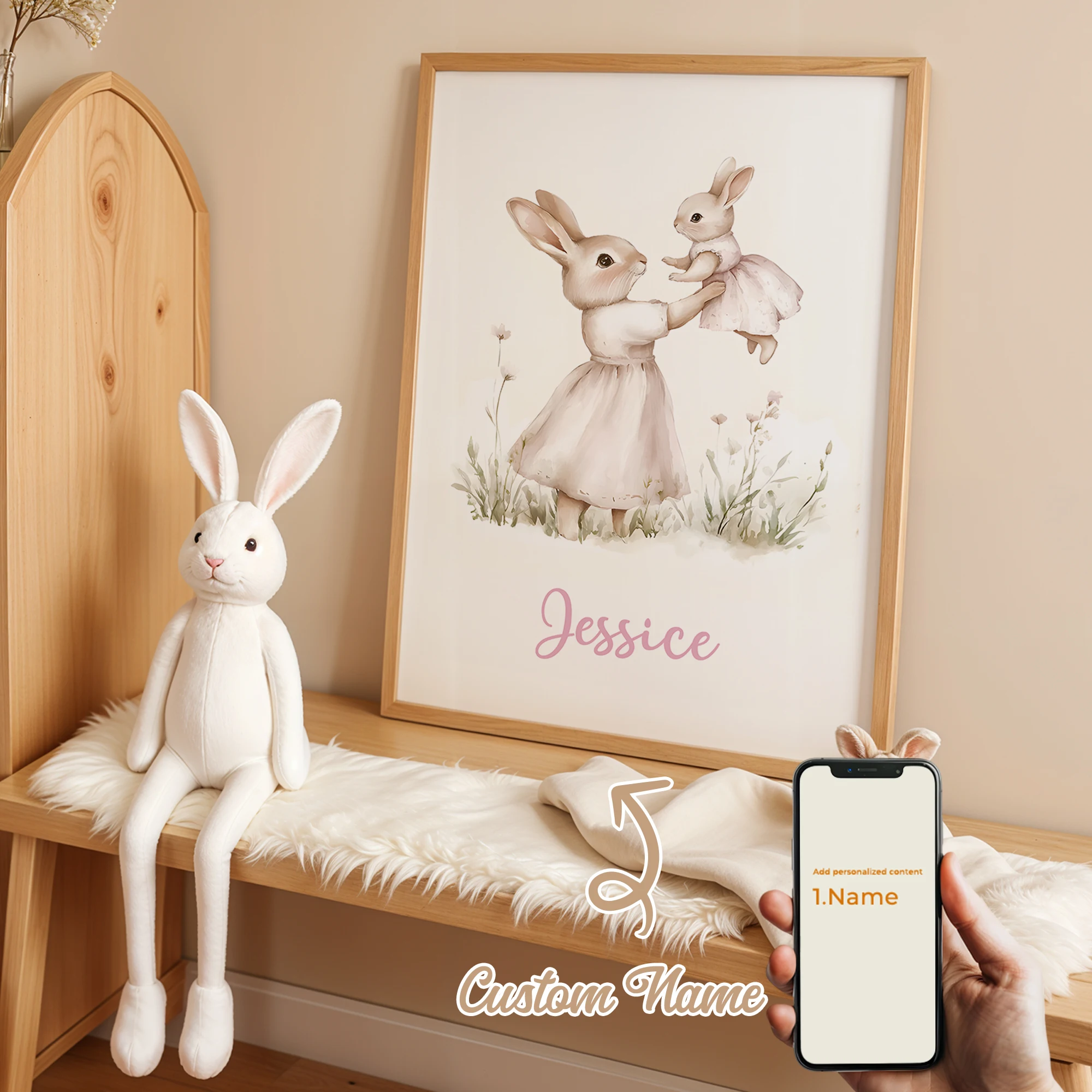 

Modern Personalized Name Custom Cute Cartoon Pink Rabbit Wall Art Print Canvas Painting Poster Picture For Bedroom Home Decor