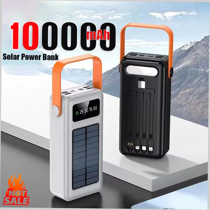 

150000mAh Solar Panel Power Bank Fast charging Power Station with Four Wire External Battery Pack with Flashlight For Outdoors