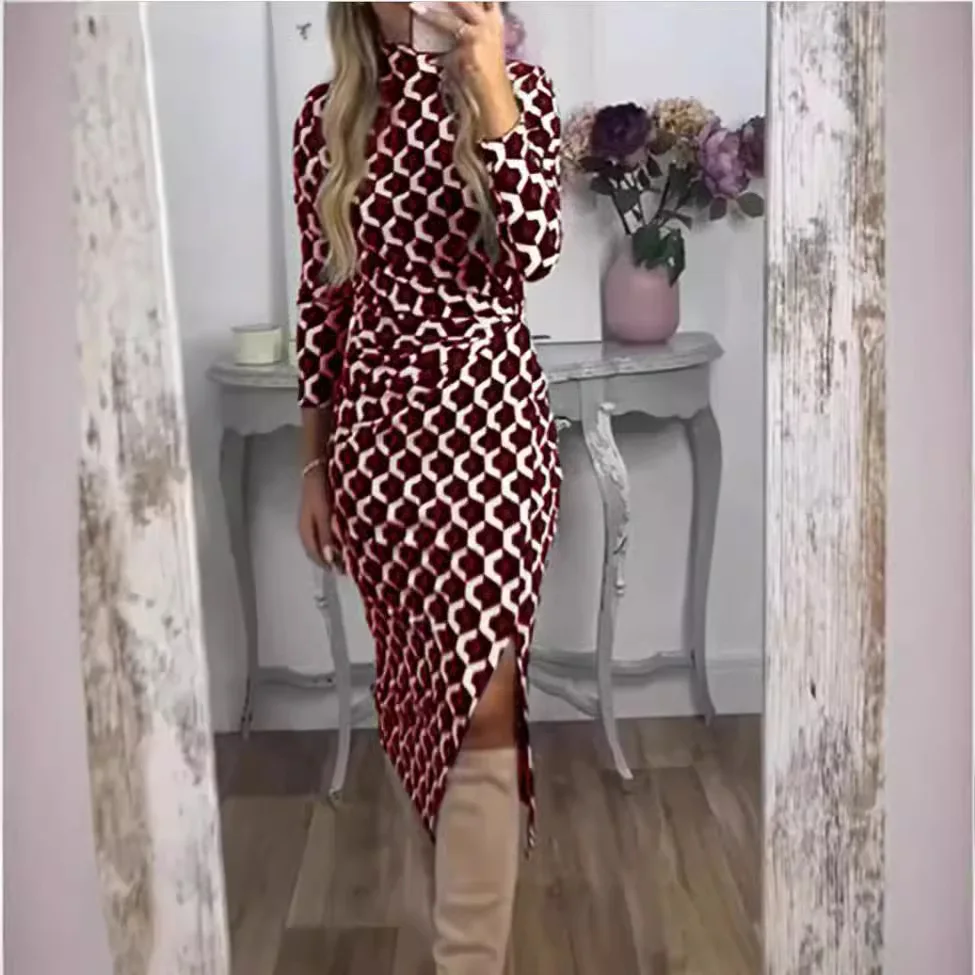 Faionable Impreso Largo Sve redondo Ne Split Dr Ropa de mujer Commute Sle Tela de poliéster Falda de un solo paso Basic M...