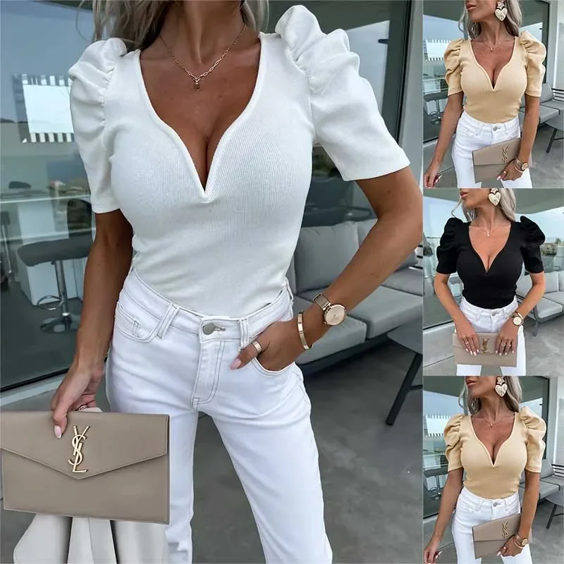 

Европа, Америка 2025: Новая женская повседневная трикотажная блузка с V-образным вырезом, коротким рукавом и рукавами-фонариками