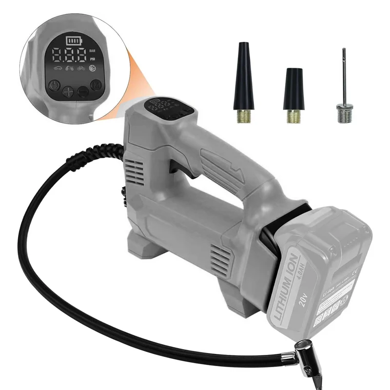

Беспроводной насос для подкачки шин, совместимый с аккумуляторами Dewalt/Makita/Milwaukee 18V, с цифровым манометром для автомобилей, мотоциклов и велосипедов.