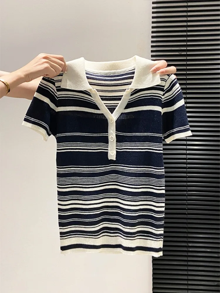 

Slim Fit Women's Neck Short Sleeve Knitted Shirt V-Neck Button Design Korean Style Summer New Arrival Striped Top