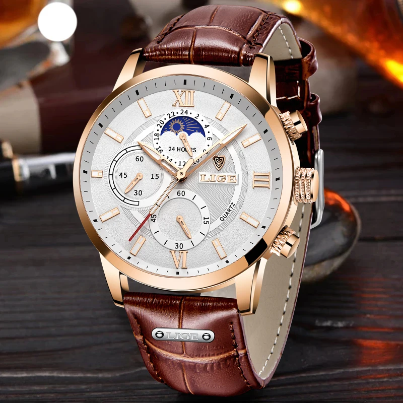 

LIGE Mens Watches Top Luxury Brand Luminous Waterproof Sport Watch Quartz Military Leather Strap Watch Gift Relogio Masculino