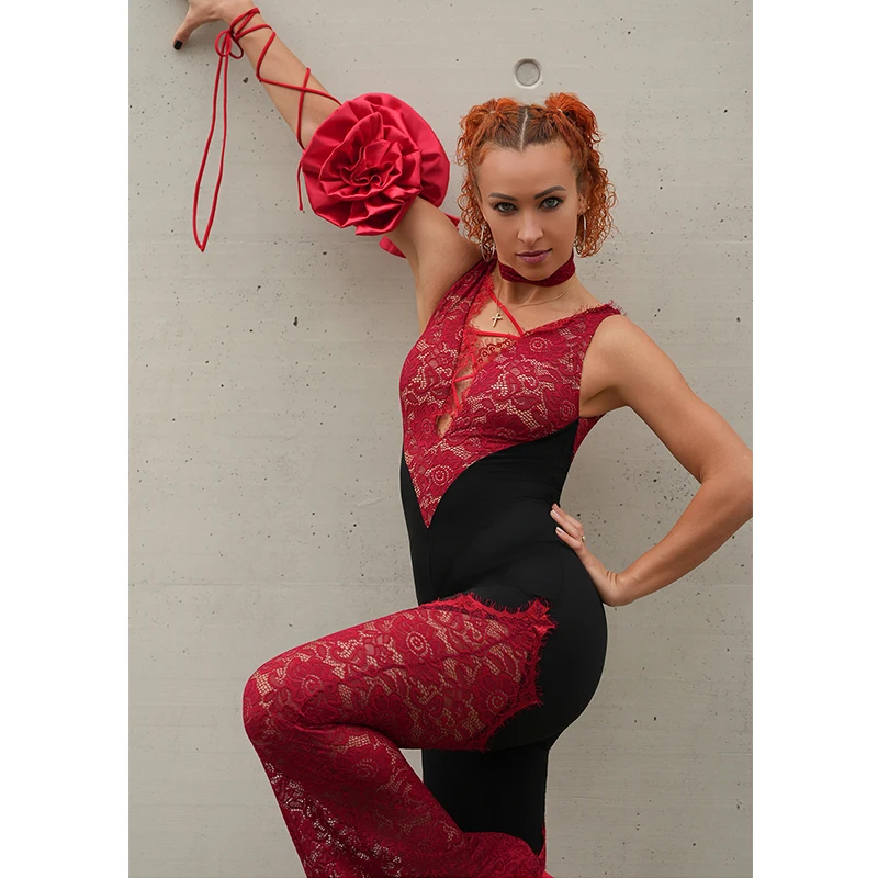 2025 Red Lace Latin Dance Jumpsuit Women Competition Clothing Cha Cha Rumba Dance Performance Cothes Adult Sexy Pants BL17705