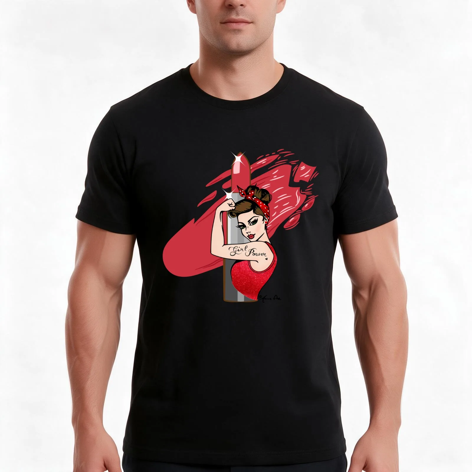 Girl Power Red Lipstick vintage Pinup Lashes retro make up artist make up lover Icon T-Shirt, Summer Casual Cotton Tee