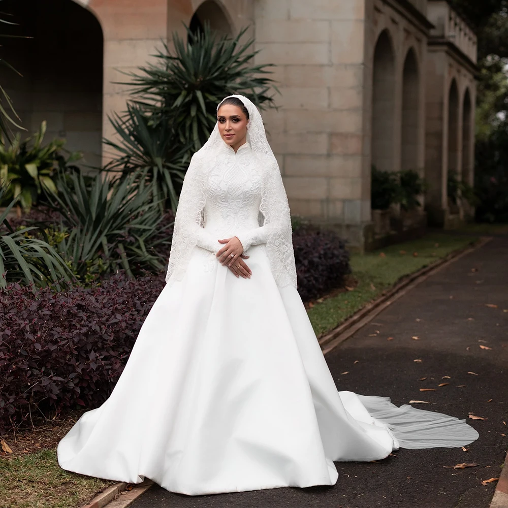 

Modest White Wedding Dresses High Neck Long Sleeve Muslim Bride Dress Beading Lace Islam Bridal Gown Customized robe de mariée