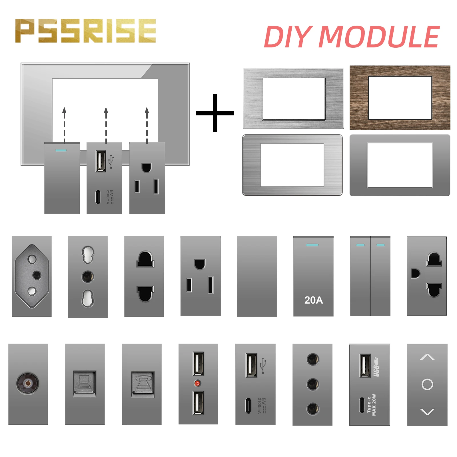 

PSSRISE Brazil Italy US EU standard Free combination grey DIY 1/3 module switch socket Schuko socket Double USB TypeC TV Parts