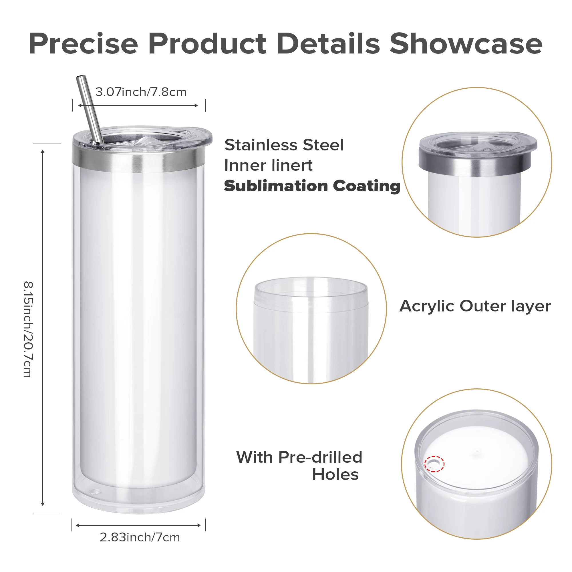 20 Oz 25 Pack Double Wall Pre Drilled Snow Globe Tumbler, Inner Stainless Steel Sublimation Outer Plastic DIY Glitter Gifts